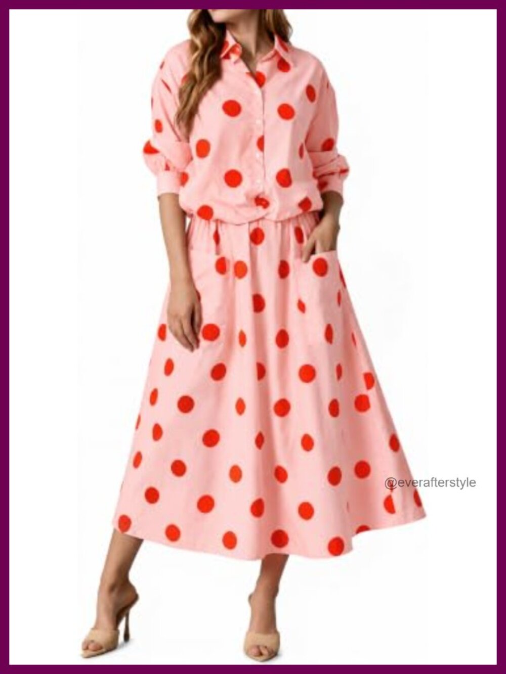 Polka Dot 2 Piece Skirt Set Long Sleeve Button Down Jacket A-Line Skirt
